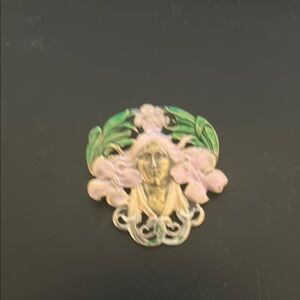 Floral Art Nouveau Brooch in Green and Pink